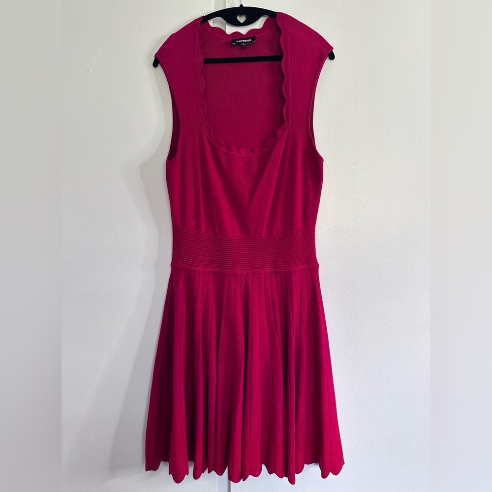 Express Red Fit and Flare Midi Dress Plunge Scalloped Neckline